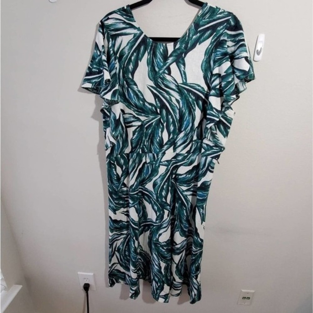 Tropical leaf linen blend midi dress plus size XXL